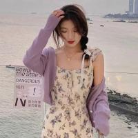 新款大码碎花连衣裙女夏ins超仙显瘦法式V领温柔雪纺吊带裙两件套 紫色开衫 [单件] S [建议95斤内]