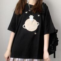 [两件套装]JK制服裙日系软妹上衣小熊星球印花短袖T恤百褶裙子 黑T恤 S [收藏宝贝=优先发货]