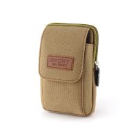 手机腰包男穿皮带手机套腰带腰包多功能横竖帆布手机袋挂包5-6.5 卡其色两层竖款小号5寸内