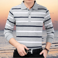 [1件/2件装]男装长袖t恤翻领中老年爸爸装体恤衫衣服上衣Polo衫 浅灰条 M码-建议80-100斤穿