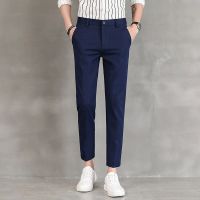 裤子男韩版潮流九分西裤男士修身春夏季薄款小脚宽松休闲西装裤男 蓝色九分【送腰带】 单件装 36 160-170斤