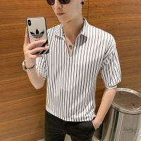 夏季短袖t恤 男ins精神小伙衣服男士韩版潮流v领宽松条纹半袖体桖 细条纹五分[白色] S 90斤以下穿