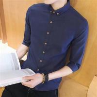 夏季白衬衫男短袖商务休闲衬衫职业正装韩版修身男士大码白色衬衣 黄扣藏蓝衬衫 XL码适合130--140斤