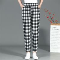 棉麻裤子女2021新款夏季薄款休闲裤中老年妈妈九分哈伦裤亚麻女裤 2号色 黑白格子 XL 建议85-115斤