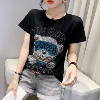 95%棉欧洲站重工烫钻小熊t恤女短袖夏装欧货洋气上衣宽松半袖体恤 黑色 S