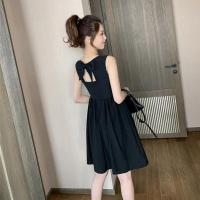 2021夏季新款棉麻韩版有女人味的性感连衣裙高腰遮肚复古桔梗裙子 黑色 S 85-95