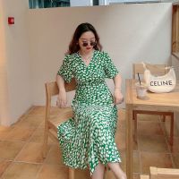 大码2021夏款韩版复古v领蝴蝶结印花连衣裙女胖mm收腰显瘦碎花裙 绿色碎花 一片式穿法，不懂问客服 L 建议100-1