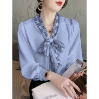 白色衬衫配丝巾秋装2021年新款女装蝴蝶结系带衬衣设计感小众上衣 蓝色 XXS60斤以下