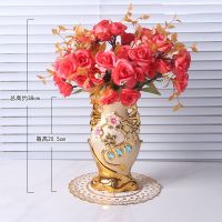 欧式陶瓷花盆插花假花仿真植物摆设客厅茶几电视柜桌面装饰品摆件 8寸花瓶A款+波斯玫瑰粉红(套装)