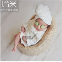 新生儿摄影道具满月百天新生儿摄影服装服饰宝宝拍照服装浴袍套装 白色:浴袍+黄瓜片 新生儿