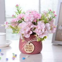 多色陶瓷瓶假花盆栽摆件家居绢花仿真花装饰品室内餐桌茶几摆放花 绣球玫粉色+粉瓶