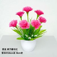 客厅卧室房间室内仿真花艺套装饰品摆件设家居餐桌电视柜假花盆栽 圆盆+康乃馨玫红