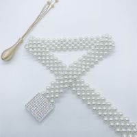 珍珠腰带女 松紧弹力腰带 女学生韩版时尚装饰裙子镶钻细腰带 正方形银