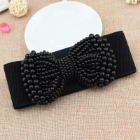 松紧腰带女士珍珠蝴蝶结宽版束腰封韩版蕾丝弹力裙子装饰修身裙带 EL03黑色