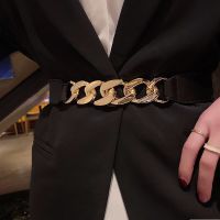 链条扣腰带女款百搭装饰弹力松紧连衣裙子大衣西装气质腰封潮毛衣 金扣.