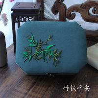 复古八角首饰盒中式刺绣饰品收纳盒古典手镯盒双层绒布戒指项链盒 竹报平安
