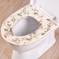舒服猫马桶垫印花棉布四季通用拉链家用坐便套舒爽型防静电马桶套 米白色 粘扣款
