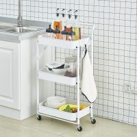折叠小推车储物架子家用厨房收纳落地式多层水果蔬菜架浴室置物架 优雅白带扶手 不带扶手