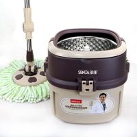 圣佳家用省力旋转拖把桶单桶不锈钢手压甩干单筒好神拖墩布免手洗 卡其色 塑料蓝 2个