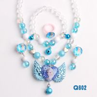 儿童公主项链套装小女孩首饰女童艾莎手链饰品小宝宝可爱耳夹戒指 Q802蓝翅膀艾莎5件套