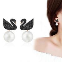 闺蜜手链女学生项链手链韩版保色黑天鹅项链皓石镶钻石白天鹅手链 黑天鹅-耳钉