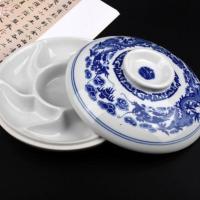 国画陶瓷调色盘带盖8英寸大号仿古青花龙纹梅花7格墨汁颜料盒 8寸青龙调色盘(21CM直径) 均码