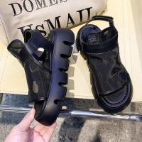 欧洲站松糕凉鞋女2021夏新款蕾丝网纱厚底休闲魔术贴罗马凉鞋 黑色 35