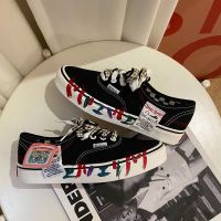 2020新款原创小众可爱少女蝴蝶结涂鸦低帮帆布鞋女学生百搭板鞋子 黑色 关注店铺送鞋带 35