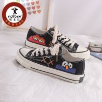 PLOVER啄木鸟手绘芝麻街帆布鞋女学生韩版原宿风ulzzang涂鸦板鞋 黑色 35