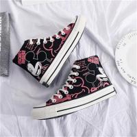 迪士尼高帮帆布鞋女2021春秋新款学生韩版涂鸦板鞋百搭ins潮布鞋 迪士尼-黑色高帮 35