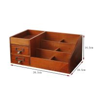 抽屉式化妆整理复古收纳盒zakka桌面梳妆桌面整理木质书桌置物架 两抽六格桌面收纳盒-做旧色