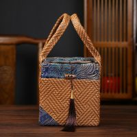 陶瓷茶叶罐密封罐家用存茶罐复古藤编布袋礼盒包装半斤防潮茶叶罐 单藤编蓝色布包不含罐