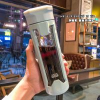 简约大人孕妇吸管杯双层隔热商务玻璃杯男女车载便携耐高温水杯子 l茶隔款蓝色450ml 杯子+杯刷+贴纸