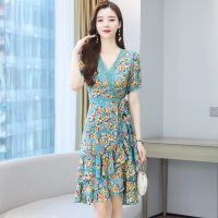 碎花雪纺连衣裙女夏2021年夏装新款高级感女装短袖小个子夏季裙子 图片色 (蓝绿花) M [100斤以下]