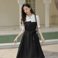小黑裙气质裙子女夏长裙法式衬衫裙赫本风收腰黑色连衣裙2021新款 黑色 S 90-100斤