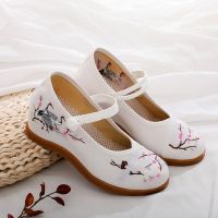 传统布鞋仙鹤七厘米高跟民族风绣花布鞋古风内增高汉服鞋广场舞鞋 白色 34