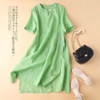 复古民族风连衣裙女中长款2021夏季新款宽松大码绣花棉麻亚麻裙子 绿色 3019# M [100斤以下]