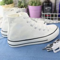 新款高帮鞋帆布鞋小白鞋子女鞋春夏板鞋韩版学生百搭球鞋情侣款潮 纯色白高帮送格子带 35