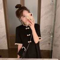 连衣裙女气质立领盘扣仙女裙复古中国风裙子拼接蕾丝收腰显瘦短裙 黑色 S