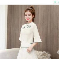 单件/套装 2021春夏复古改良版旗袍唐装少女汉服民国中国风连衣裙 米白色上衣 单上衣 S (90斤以下)