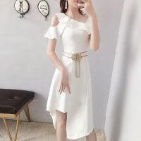 露肩白色连衣裙2021新款夏女仙女法式复古裙过膝很仙气质收腰显瘦 白色 M