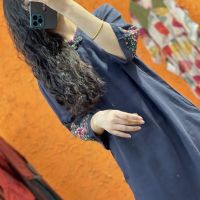 中式改良旗袍复古刺绣麻料连衣裙2021新款盘扣五分袖长裙秋夏新品 藏青色 M 90-110斤