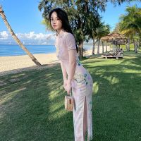 复古性感长款连衣裙优雅气质淑女民国夏季粉色改良版旗袍蚀骨名媛 绣球花仙 S