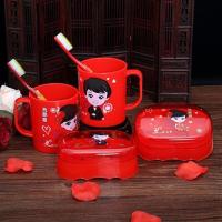 婚庆用品结婚新人洗漱套装女方陪嫁创意洗漱杯子对杯皂盒牙杯牙刷 新郎新娘牙杯三件套