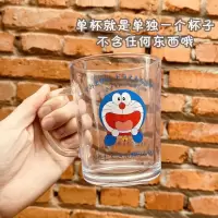 韩国ins风可爱卡通叮当猫把手玻璃杯刻度吸管耐高温透明茶杯情侣 叮当猫杯单杯