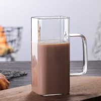 玻璃茶杯茶水分离泡茶杯办公透明过滤杯子大容量耐热带盖月牙水杯 方形绿茶杯透明把