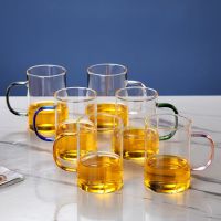 耐高温玻璃水杯家用带把彩色透明水杯女大容量喝水杯子茶杯套装 350毫升直身杯 6色6只装