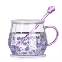 蓝星花耐热玻璃杯水杯女清新可爱少女紫办公室咖啡杯ins风茶杯子 粉色把手