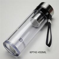 康平塑料杯男女耐热透明泡茶杯便携提绳加深钢滤网茶水分离随手杯 KP743 450ML