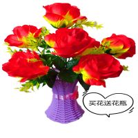 仿真玫瑰花客厅装饰电视柜插花摆设绢花单支塑料假花花束干花摆件 夕阳红玫瑰一束加花瓶(花瓶颜色随机)